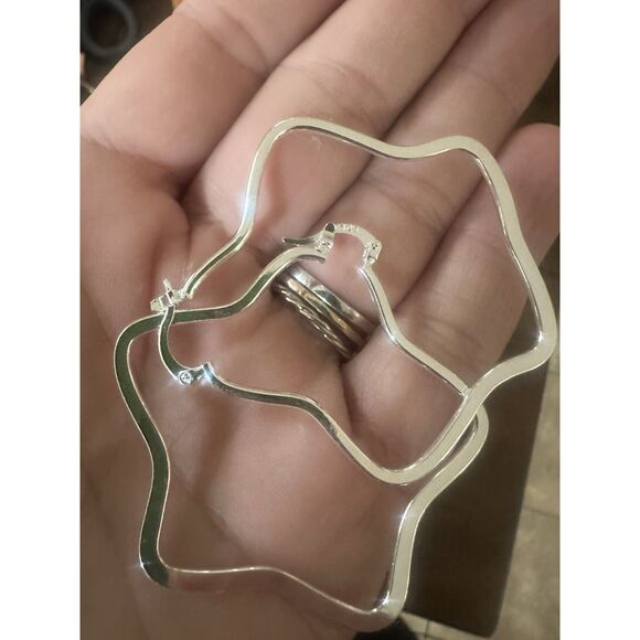 925 Sterling Silver Geometric Earrings Large Hoops - Picture 1 of 4